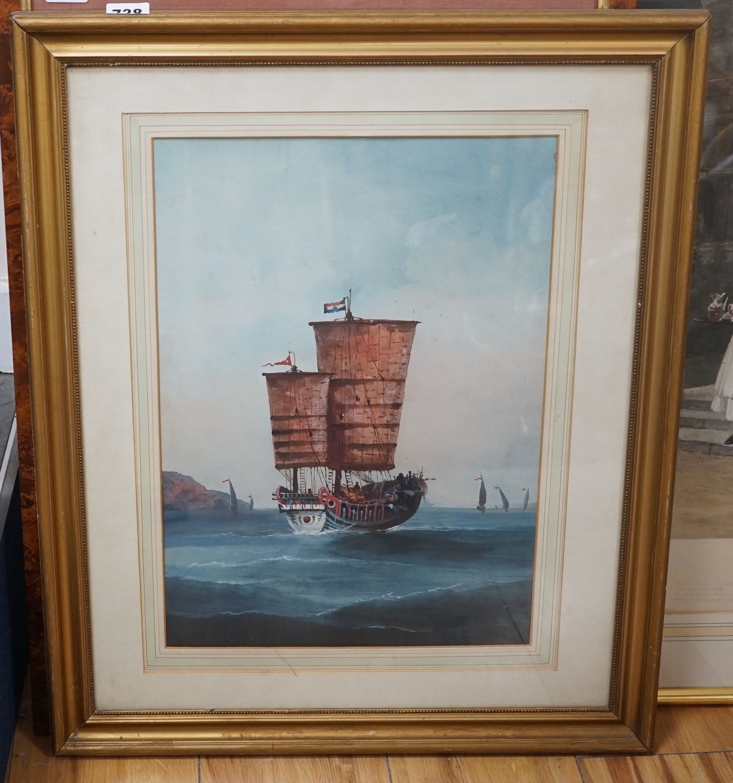 Chinese school c.1900, watercolour, junk boat off shore, 42 cm 30 cm